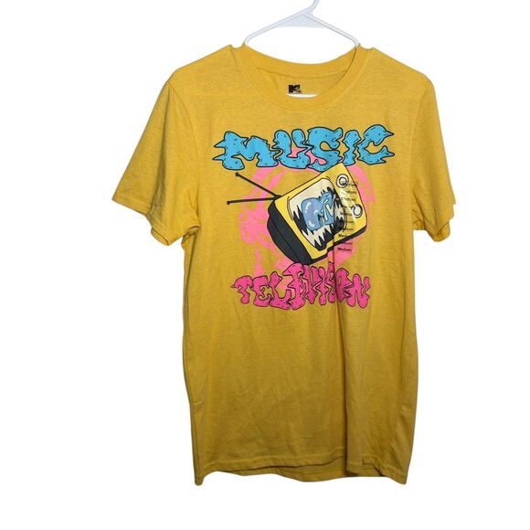 MTV T-Shirt Women's Medium Yellow Crew Neck Graphic Tee Shirt Logo Printed - Picture 1 of 7